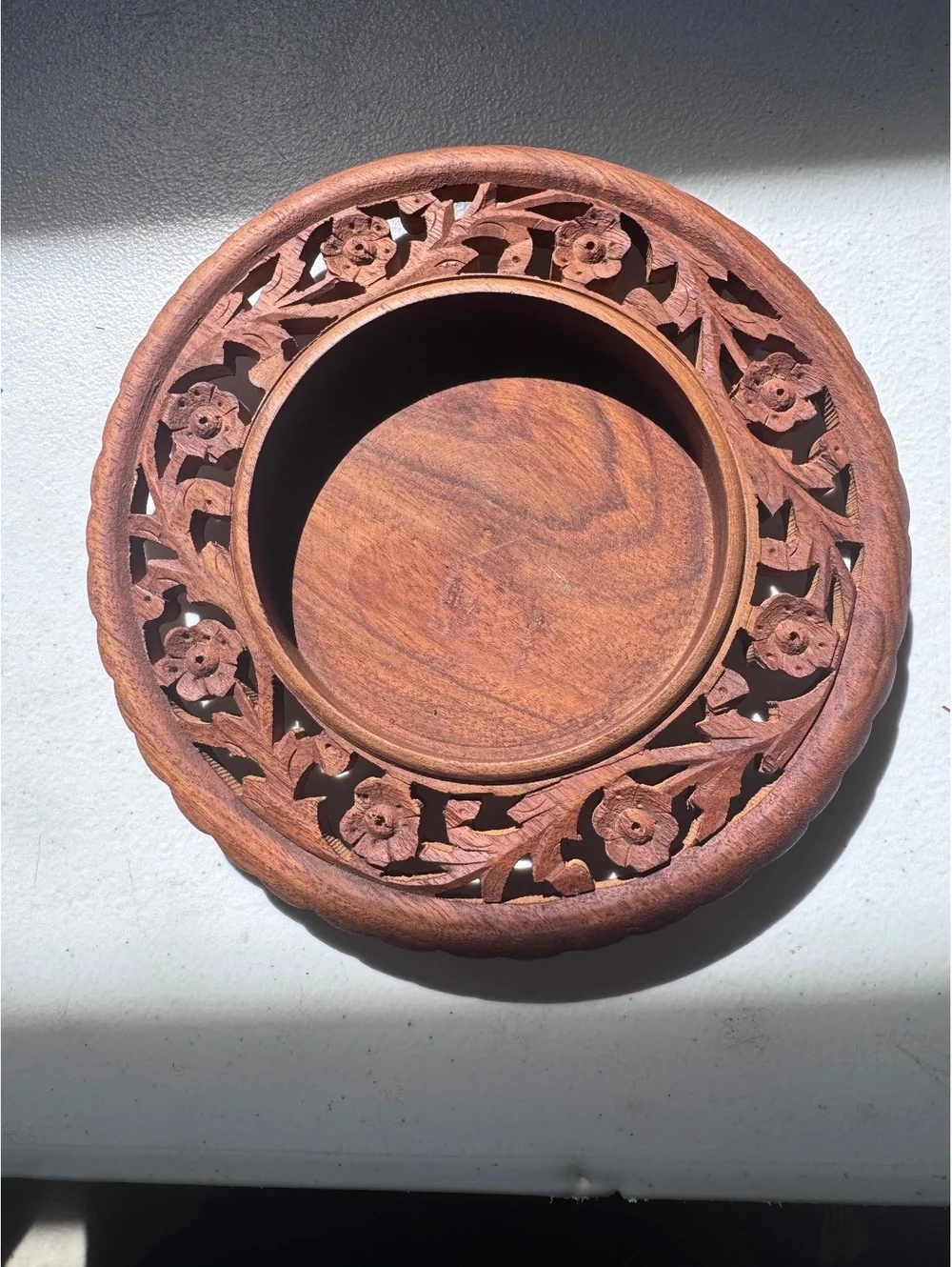 Vintage India Hand Carved Wood Bowl 8” Floral Openwork Pierced Trinket Dish
